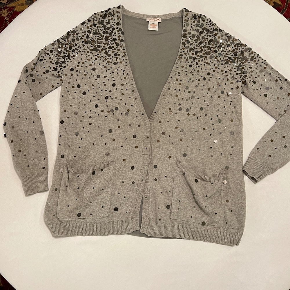 LaROK Grey Longline Metal Sequin Embellished Cardigan Size L